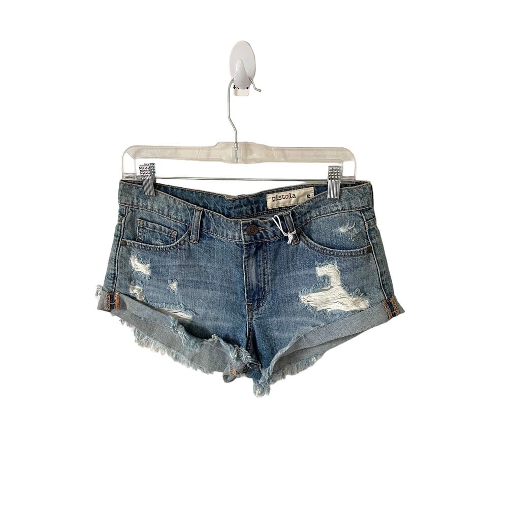 Pistola Distressed Mid Rise Raw Hem 2" Short Denim Shorts Blue Size 28 Small NEW